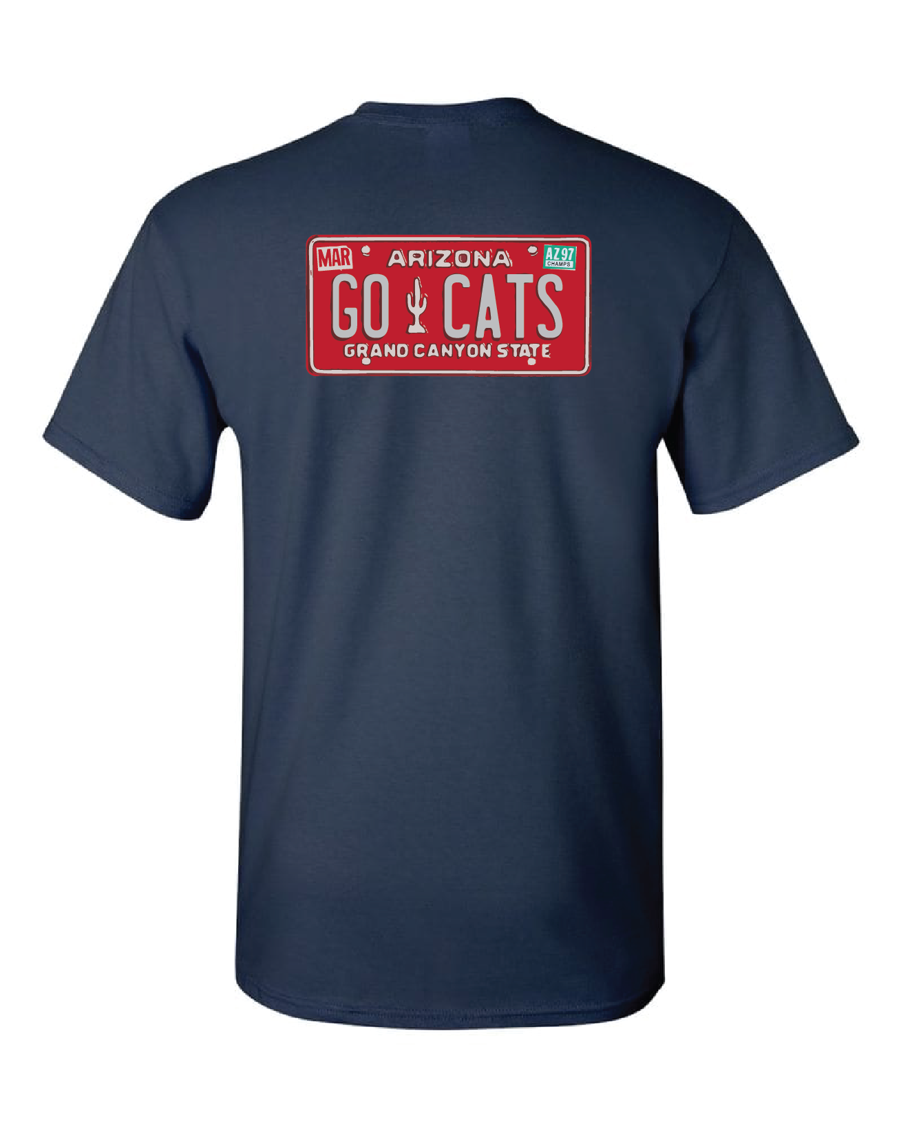 Navy blue t-shirt with a red license plate design on the back featuring 'GO CATS' text.