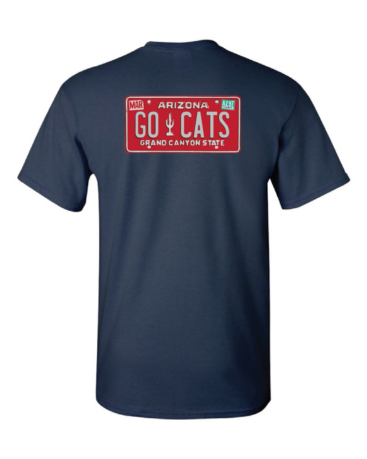 Navy blue t-shirt with a red license plate design on the back featuring 'GO CATS' text.