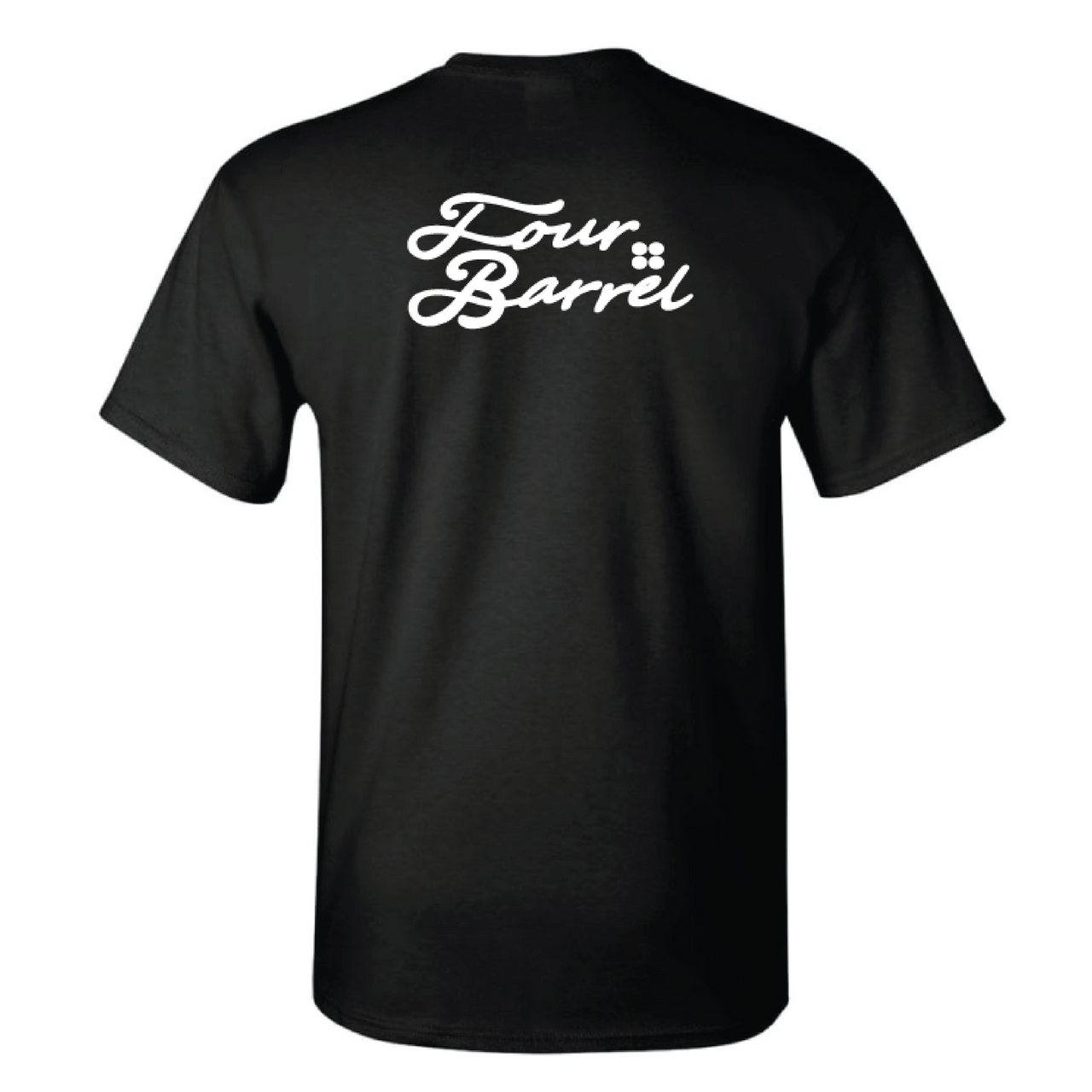 Black tshirt with large white script on back of shirt that states Four Barrel Apparel with the logo of 4 circles