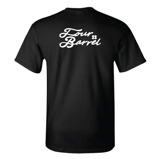 Black tshirt with large white script on back of shirt that states Four Barrel Apparel with the logo of 4 circles