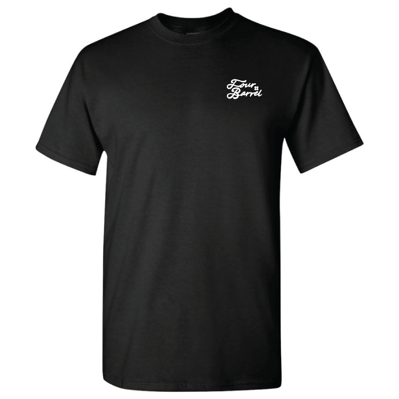 Black tshirt with small white script on back of shirt that states Four Barrel Apparel with the logo of 4 circles